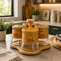 Rotating Glass Spice Jar 4pcs Set with Bamboo Stand