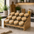 Glass Spice Jar Set with Wooden Lids & Storage Rack