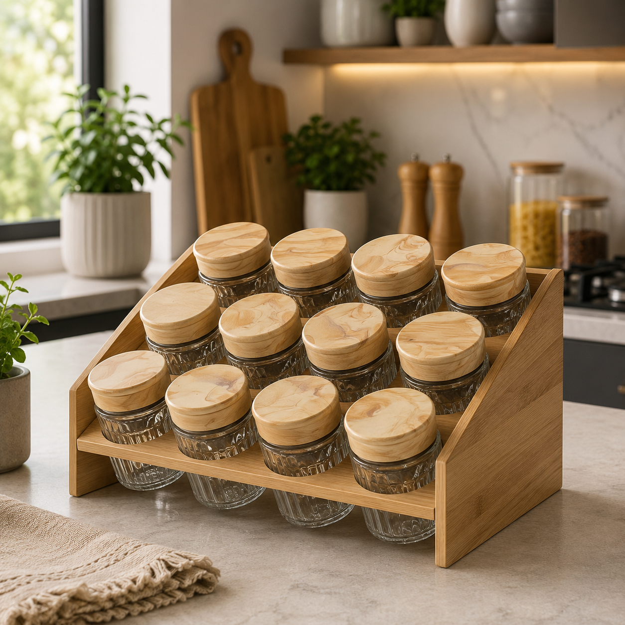 Glass Spice Jar Set with Wooden Lids & Storage Rack