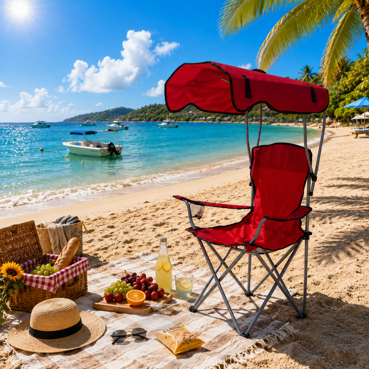 Foldable Beach Chair with Sun Canopy, Cup Holder & Carry Bag