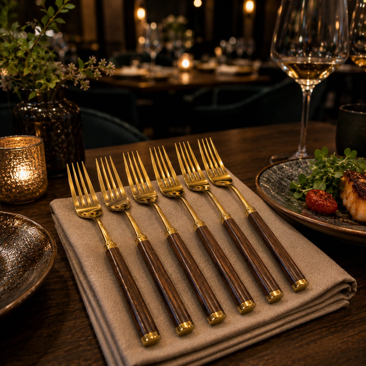 6pcs Golden Table Fork With Wooden Stem