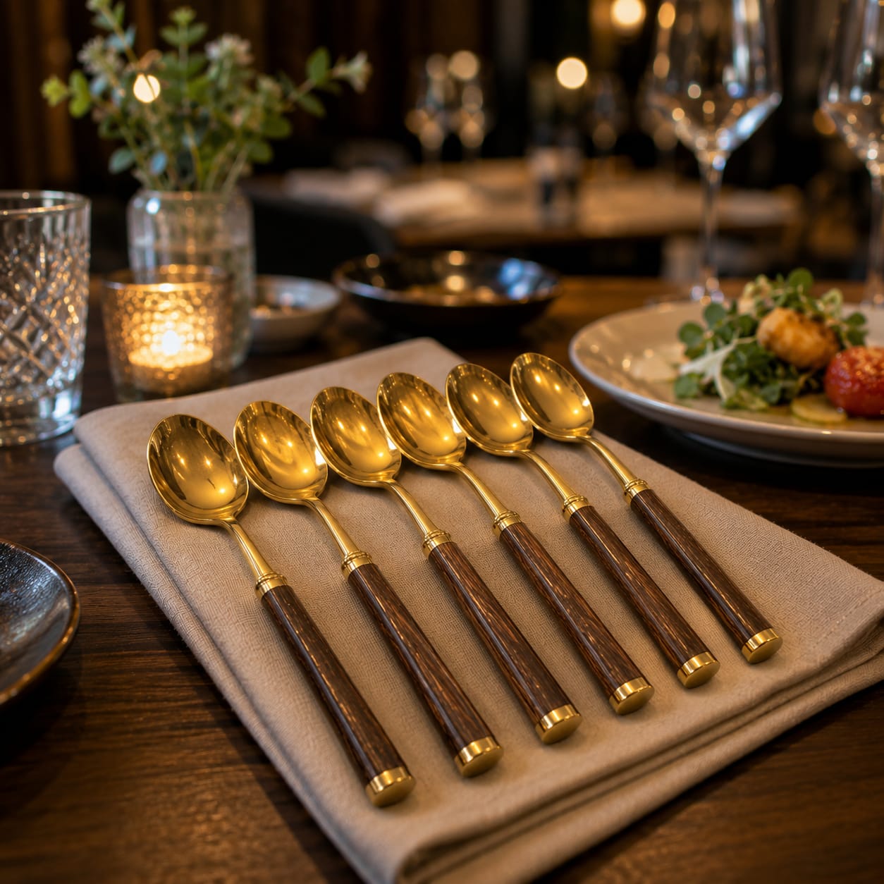 6pcs Golden Table Spoon With Wooden Stem