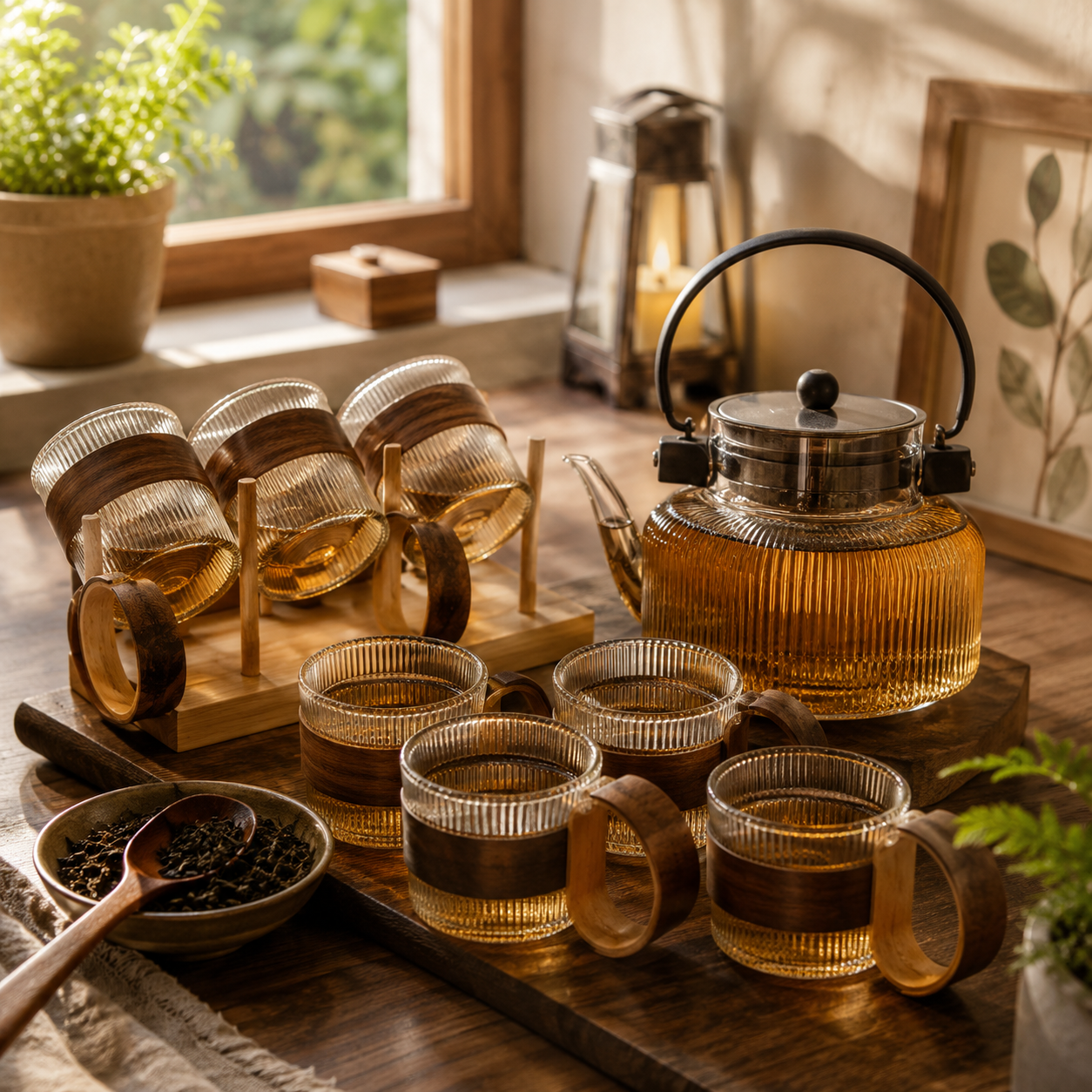 Teapot Set With 6 Glass +Wooden Stand