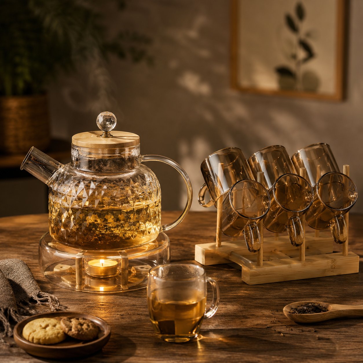 Set Teapot With 6 Mugs + Wooden Stand