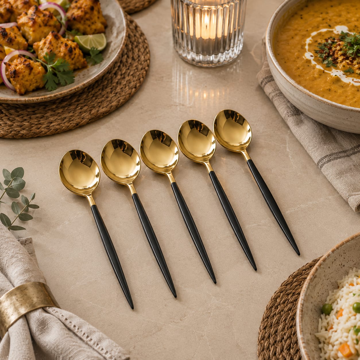 6pcs Golden Table Spoon With Black Stem Cutlery