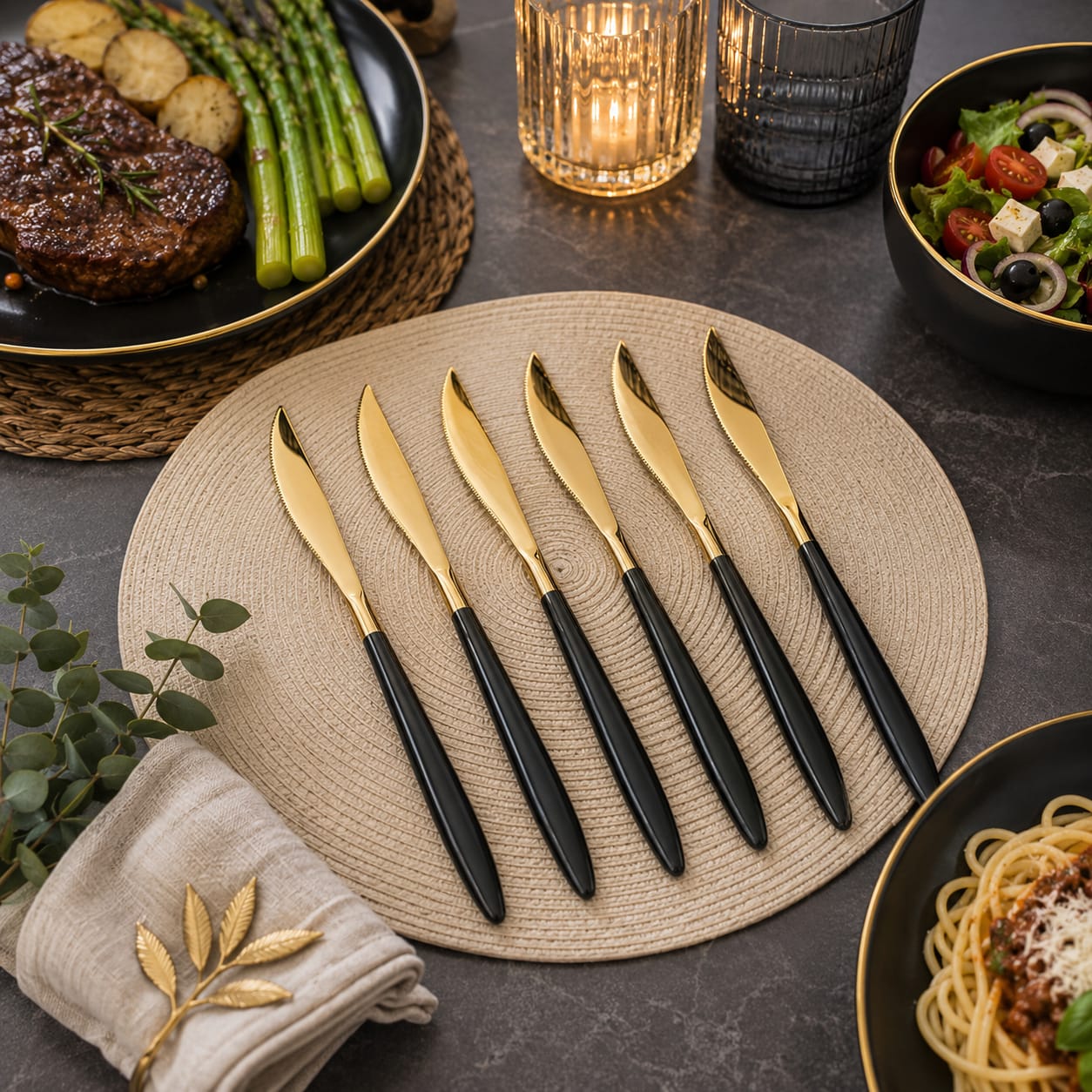 6pcs Golden Table Knife With Black Stem Cutlery