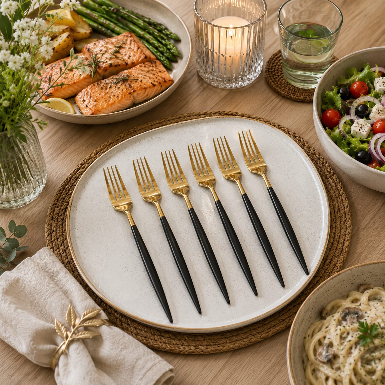 6pcs Golden Table Fork With Black Stem Cutlery