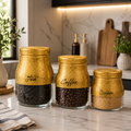 Set 3 Golden Glass Jars With Cover