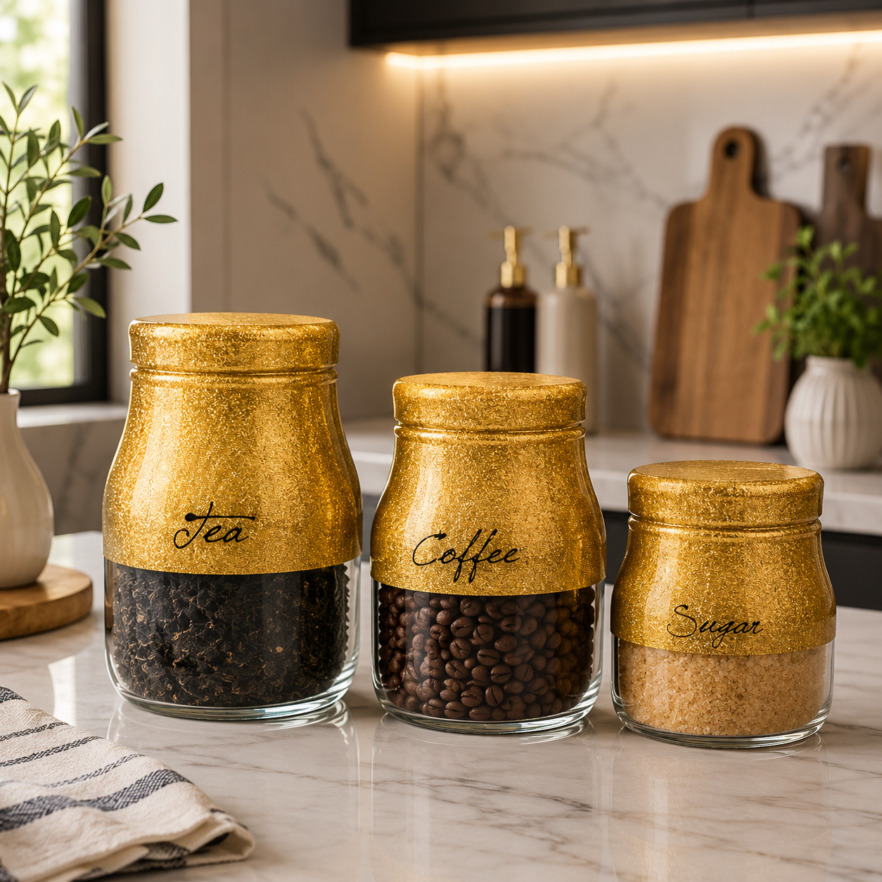 Set 3 Golden Glass Jars With Cover