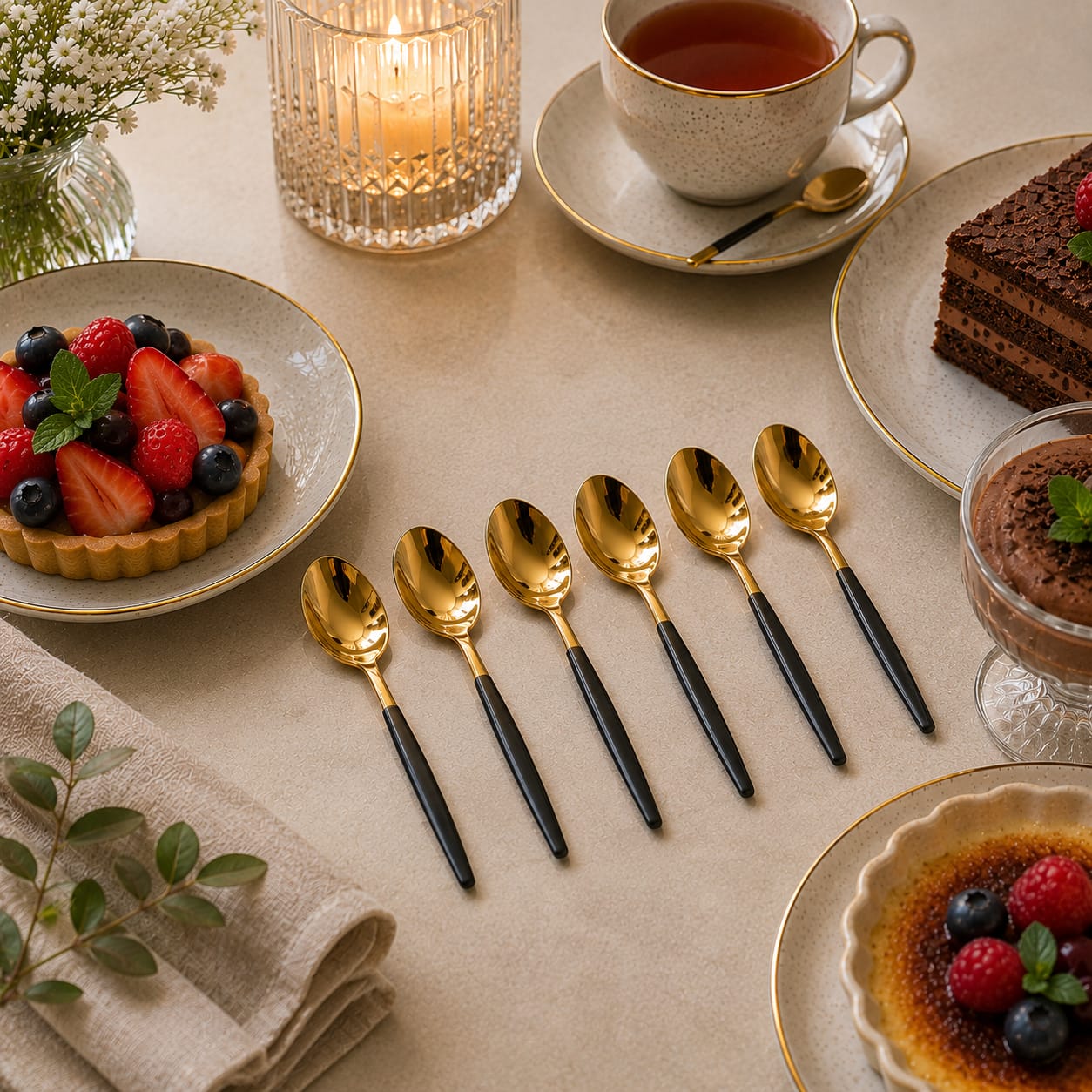 6pcs Golden Dessert Spoon With Black Stem Cutlery